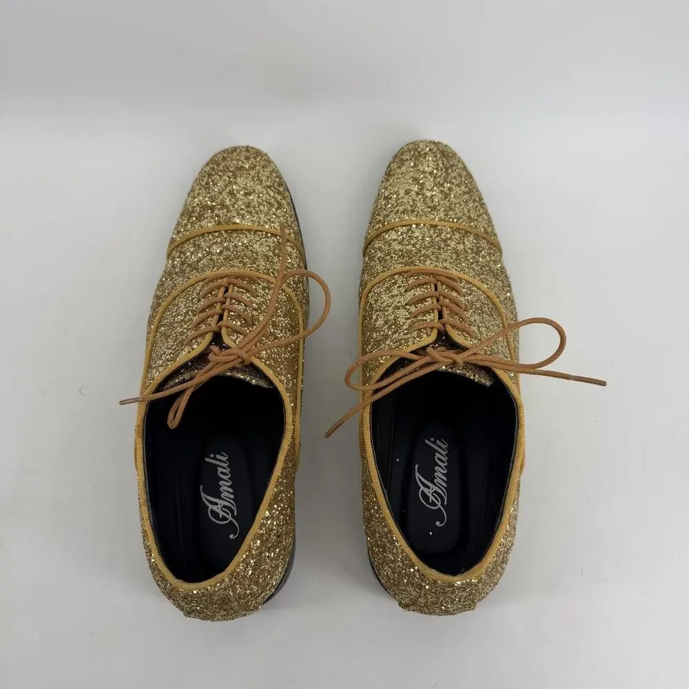 Amali Shoes Mens Size 9.5 Gold Glitter Cap Toe Dress Oxford Lawrence-035